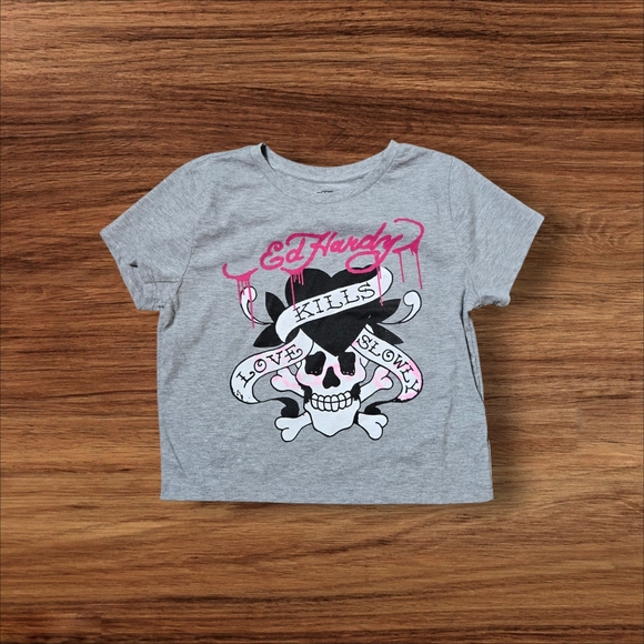 Ed Hardy Retro  Gray and Pink Love Kills Slowly Cropped Tee Shirt NWT - Picture 1 of 6